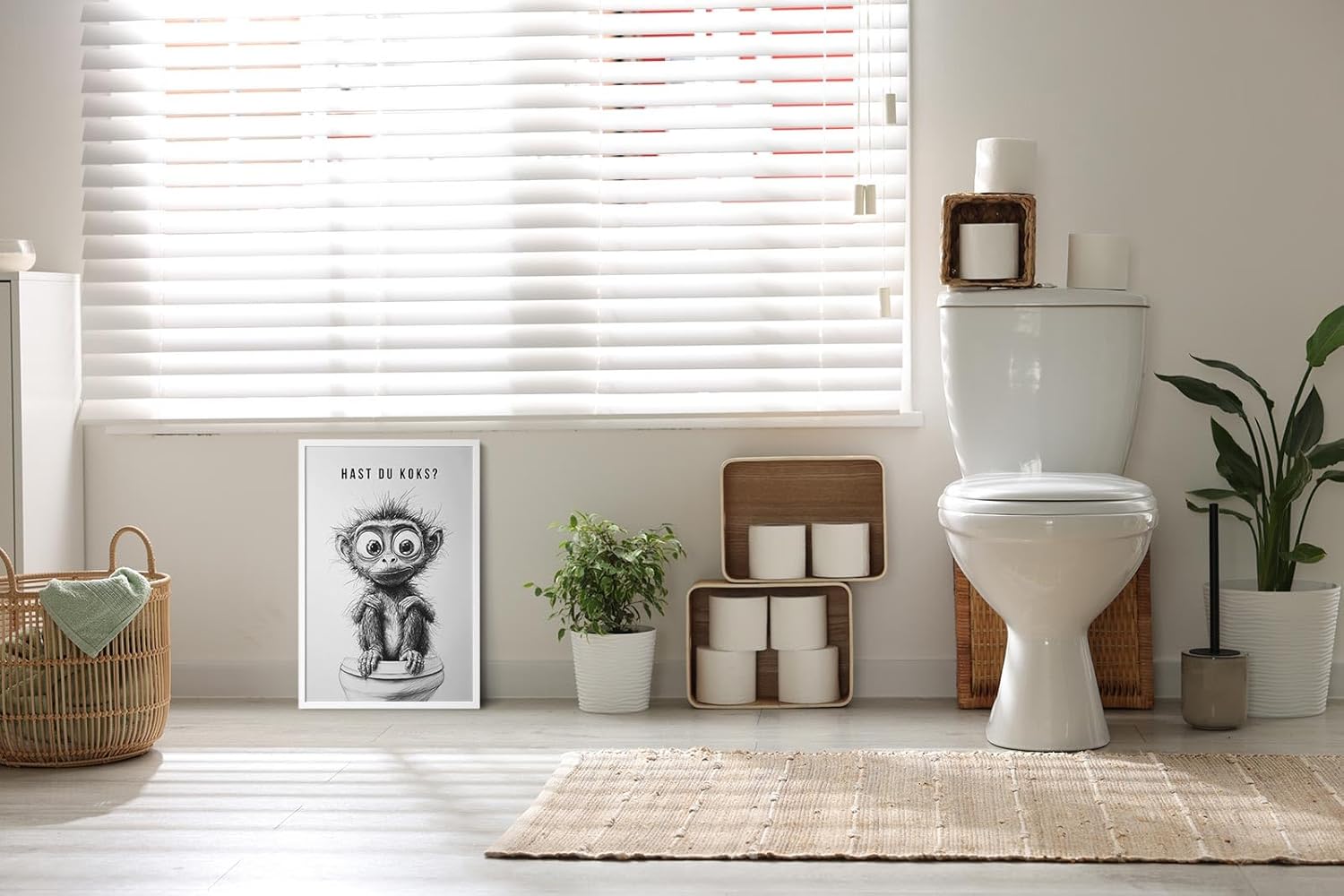 Paul Sinus Poster/Leinwandbild/Rahmenoption – Verrückter Affe auf Toilette „Hast du Koks?“ – Lustige WC-Deko für dein Badezimmer
