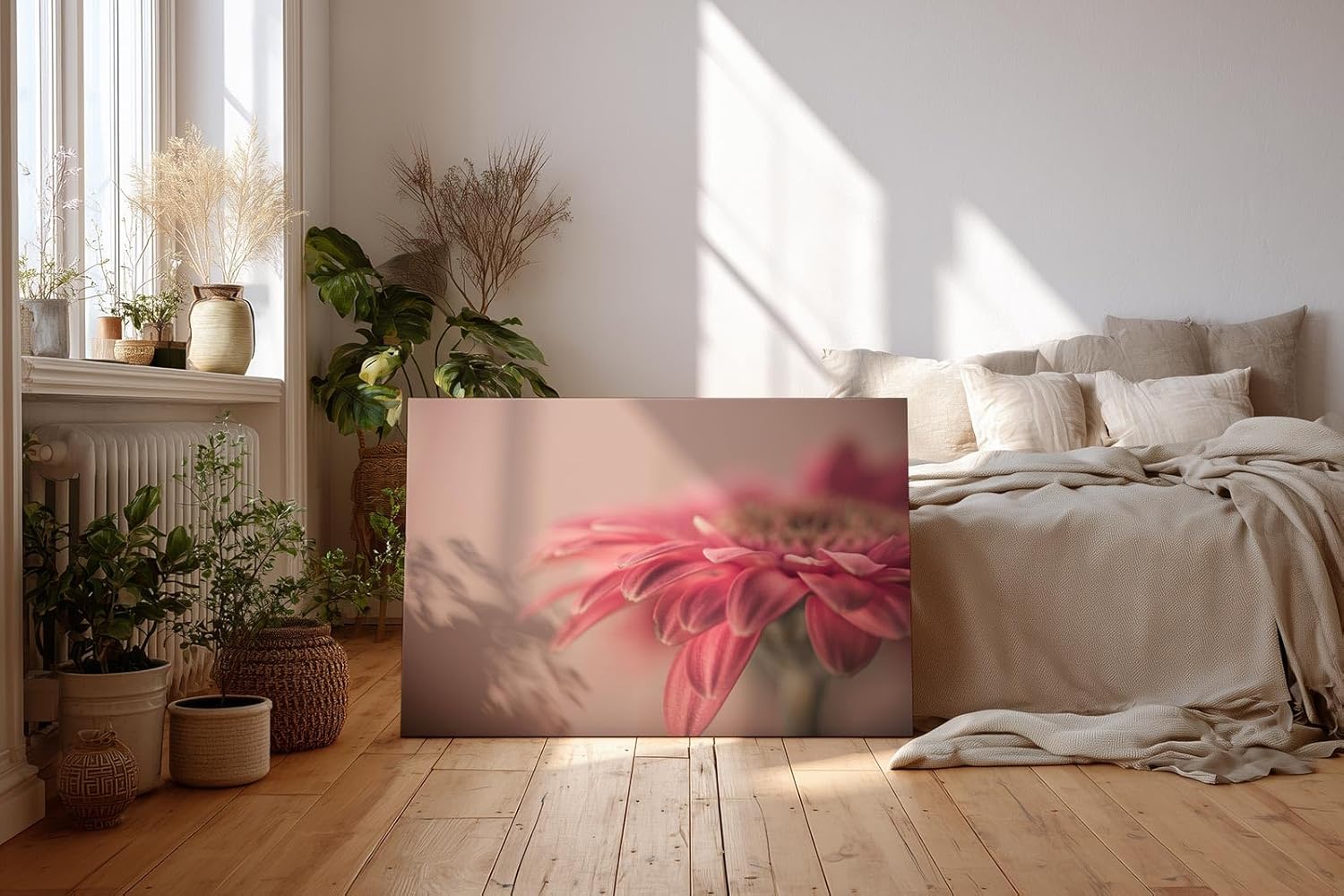 Sinus Art Wandbild 120x80cm Rosa Blüte im Vordergrund vor einfarbigem ruhigen Hintergrund – ästhetisch und dezent