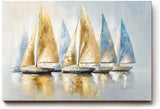 Sinus Art Wandbild 120x80cm Dynamisches Motiv mit sieben Segelbooten in Blau und Goldtönen – stilvoll und maritim zugleich