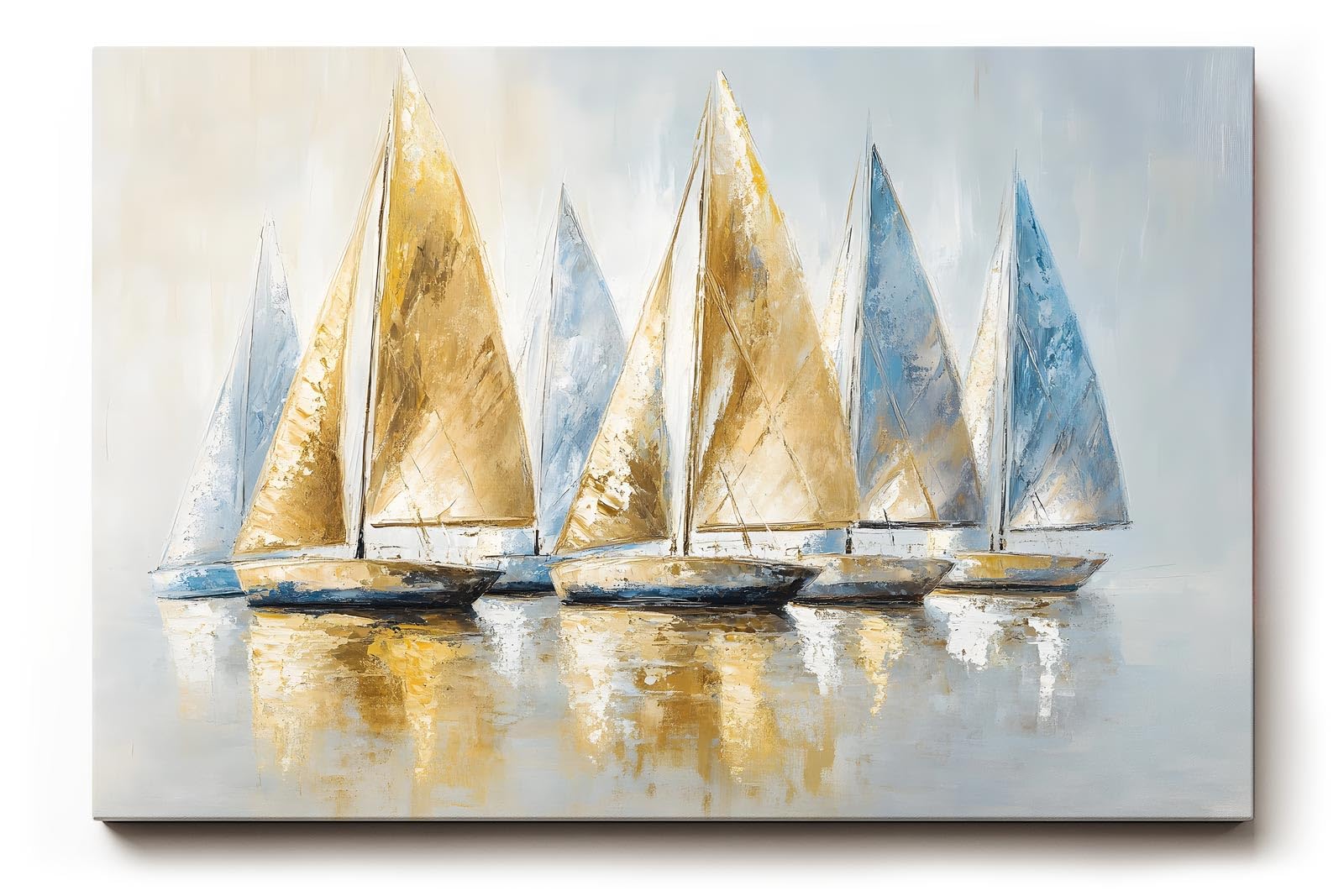 Sinus Art Wandbild 120x80cm Dynamisches Motiv mit sieben Segelbooten in Blau und Goldtönen – stilvoll und maritim zugleich