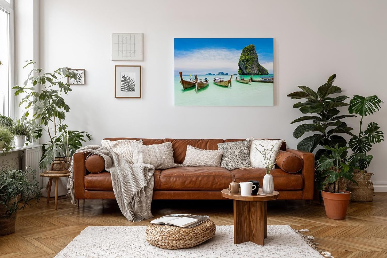 Sinus Art Wandbild 120x80cm Farbintensive Szene mit traditionellen Booten vor tropischer Felskulisse