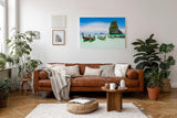 Sinus Art Wandbild 120x80cm Farbintensive Szene mit traditionellen Booten vor tropischer Felskulisse