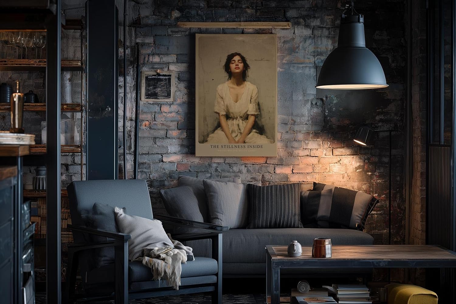 Paul Sinus Wandbild in 40x60cm The Stillness Inside Serene Woman in White Dress with Eyes Closed in Peaceful Minimalist Setting