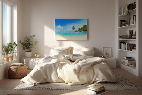 Sinus Art Wandbild 120x80cm Tropische Insel mit Palmen und weißem Sandstrand für entspannende Raumwirkung