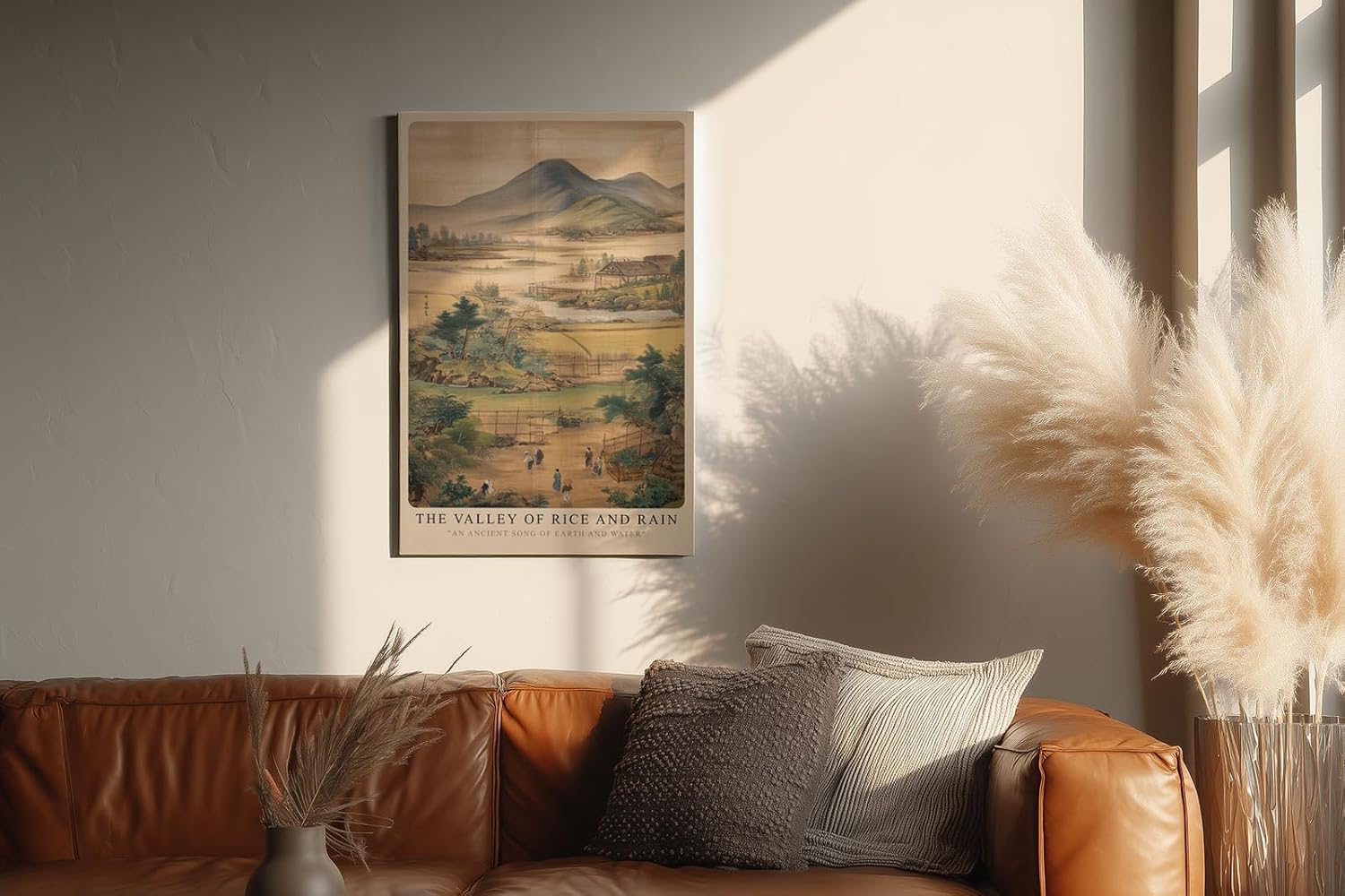 Paul Sinus Wandbild in 40x60cm The Valley of Rice and Rain – Traditionelle Landschaftsmalerei mit Reisfeldern, Bergen und Dorfszenen
