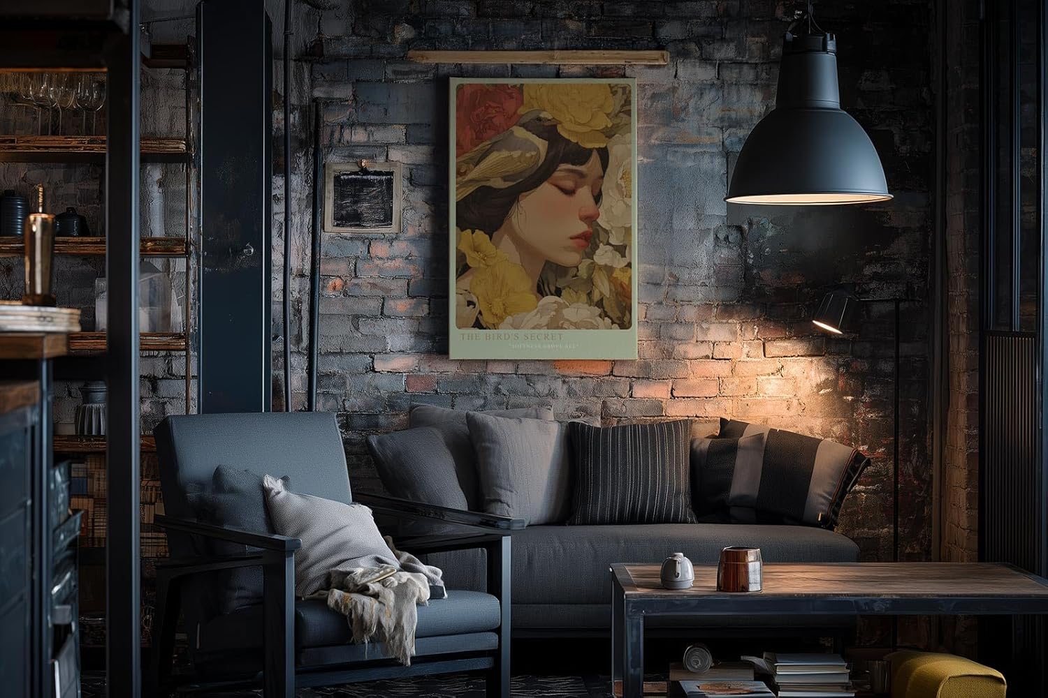 Paul Sinus Wandbild in 40x60cm The Bird's Secret – Poetisches Porträt einer Frau mit Vogel und floraler Umrahmung in sanften Farbtönen