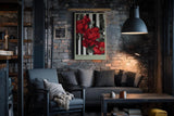 Paul Sinus Wandbild in 40x60cm Pop Botanica – Rote Pfingstrosen vor schwarz-weißem Streifenmuster