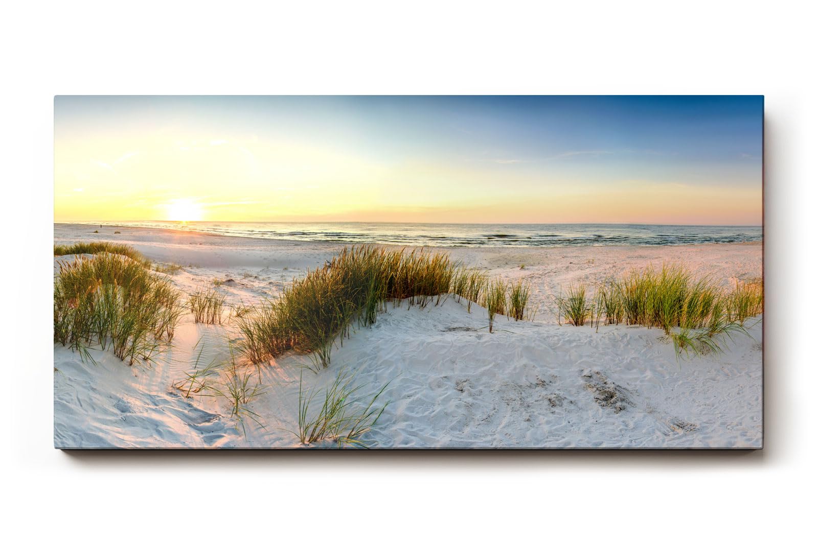 Sinus Art Wandbild 120x80cm Weiße Dünen mit Gräsern bei sanftem Sonnenlicht für beruhigende Raumwirkung