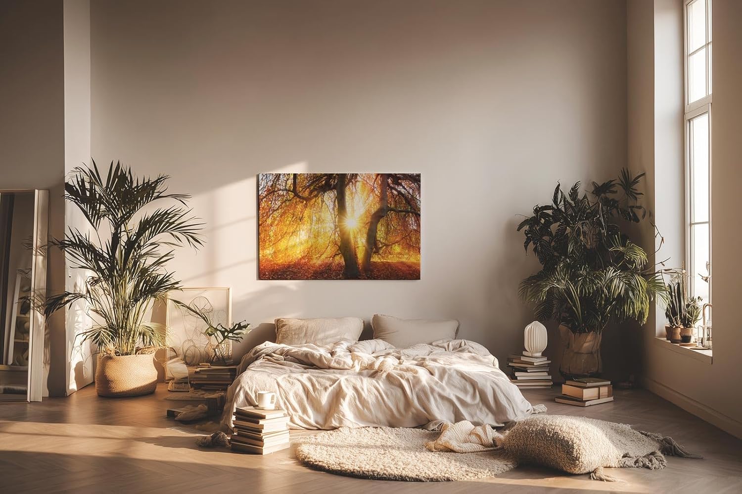 Sinus Art Wandbild 120x80cm Sonnenstrahlen brechen durch goldene Baumkronen und schaffen eine warme Atmosphäre