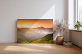 Sinus Art Wandbild 120x80cm Sanfte Hügellandschaft mit Lichtstimmung und Weitblick auf Bergketten