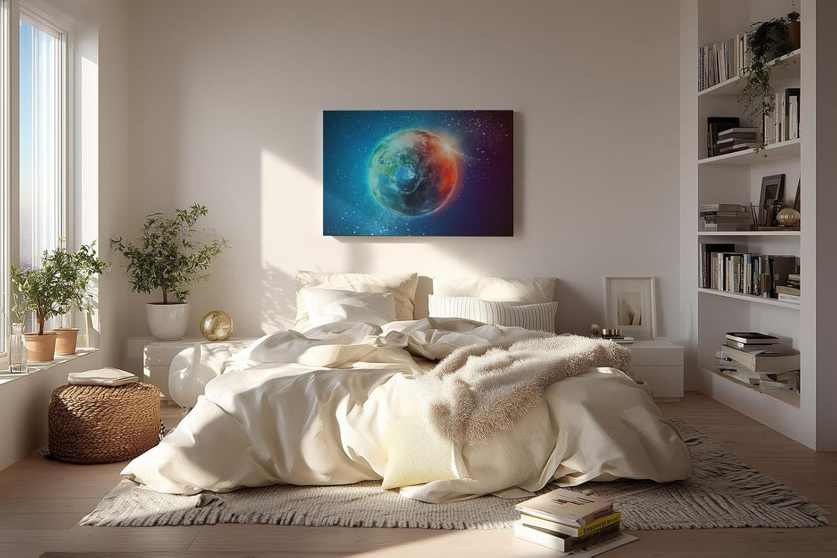 Sinus Art Wandbild 120x80cm Leuchtender Erdball vor funkelndem Sternenhimmel mit realistischer Tiefe
