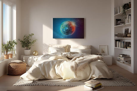 Sinus Art Wandbild 120x80cm Leuchtender Erdball vor funkelndem Sternenhimmel mit realistischer Tiefe