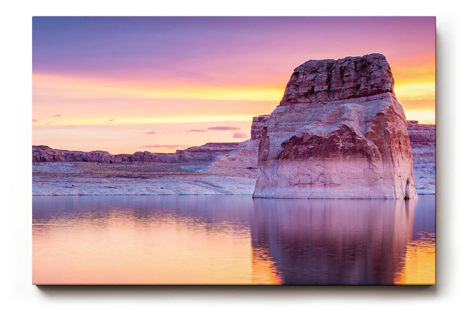 Sinus Art Wandbild 120x80cm Monolithische Felsformation spiegelt sich im ruhigen See unter farbigem Abendhimmel
