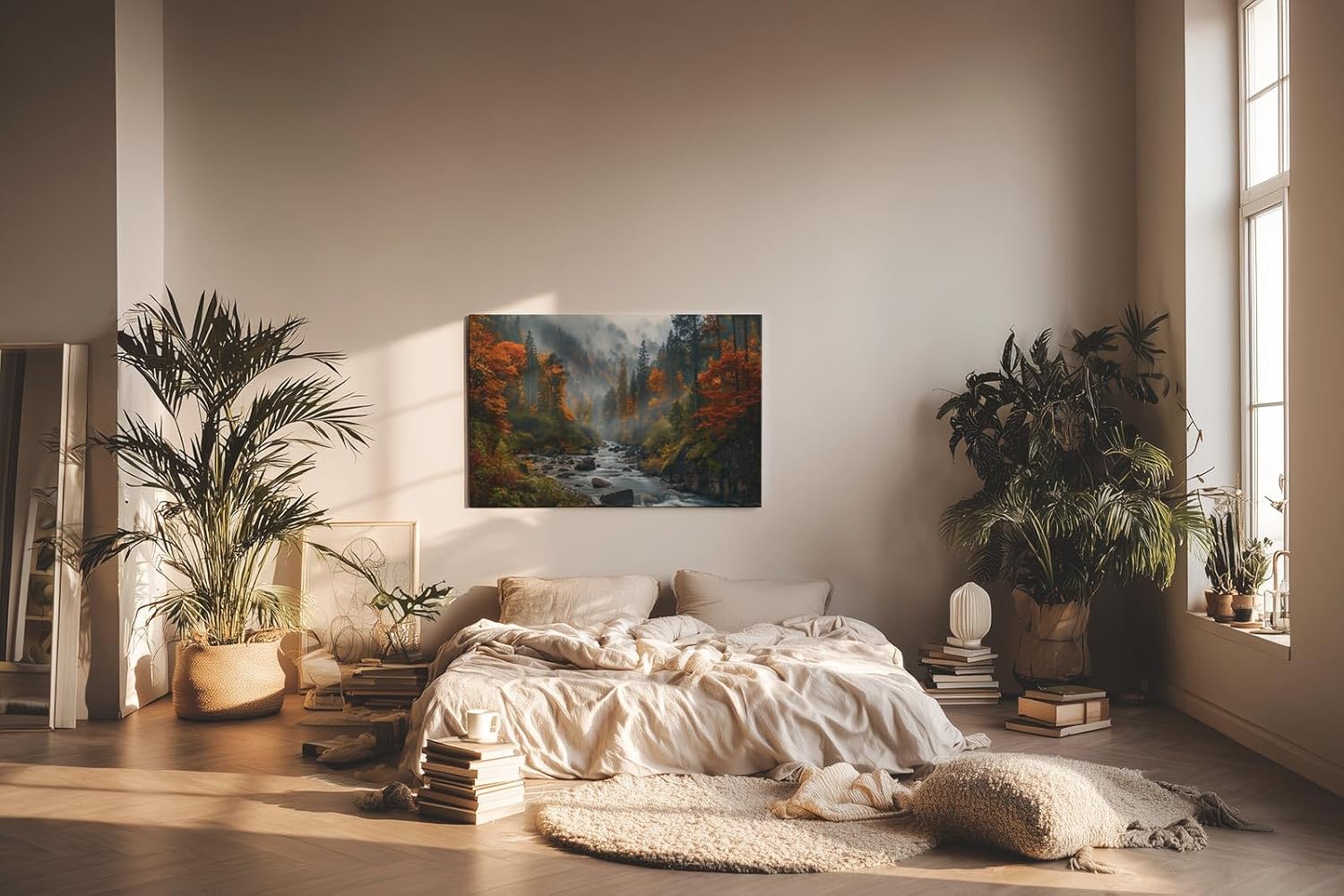 Sinus Art Wandbild 120x80cm Stimmungsvolles Naturmotiv mit fließendem Bach im nebelverhangenen Herbstwald – lebendig und tiefgründig