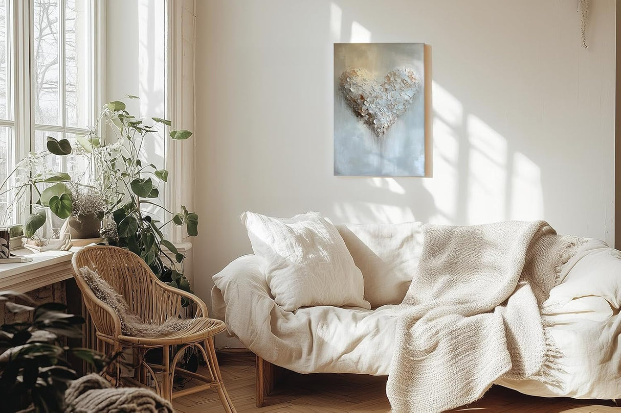 Paul Sinus 60x90cm Wandbild Herzstruktur in Weiß Beige – Ausdrucksstarke Textur mit floraler Tiefe Blume