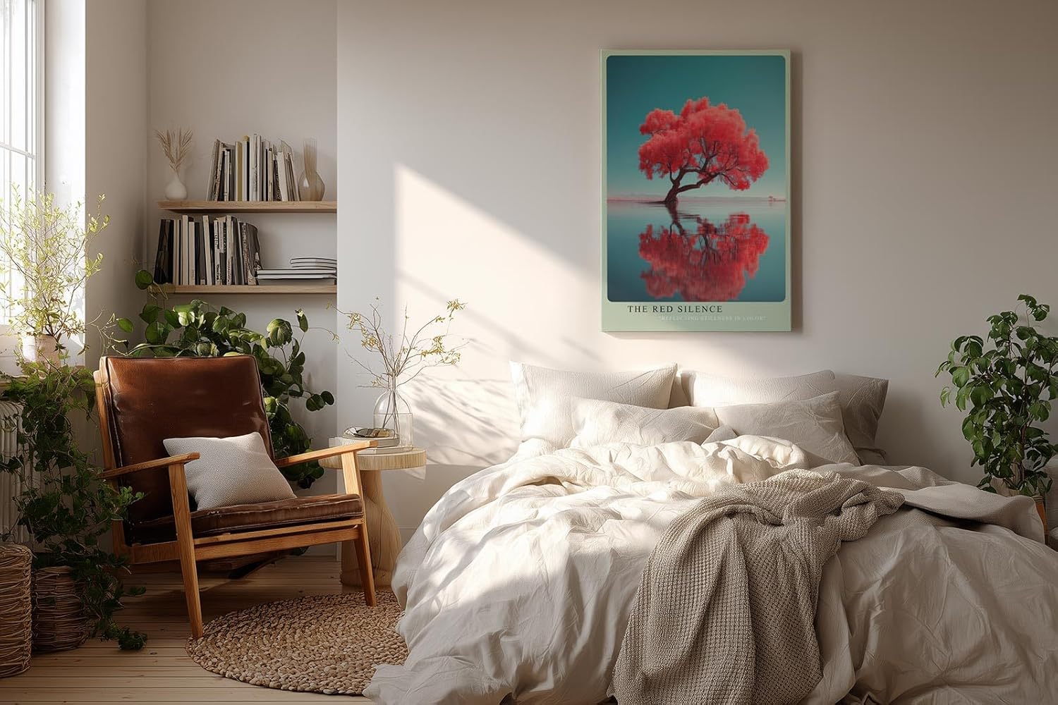 Paul Sinus Wandbild in 40x60cm The Red Silence – leuchtend roter Baum im Wasser mit Spiegelung, moderne Naturfotokunst