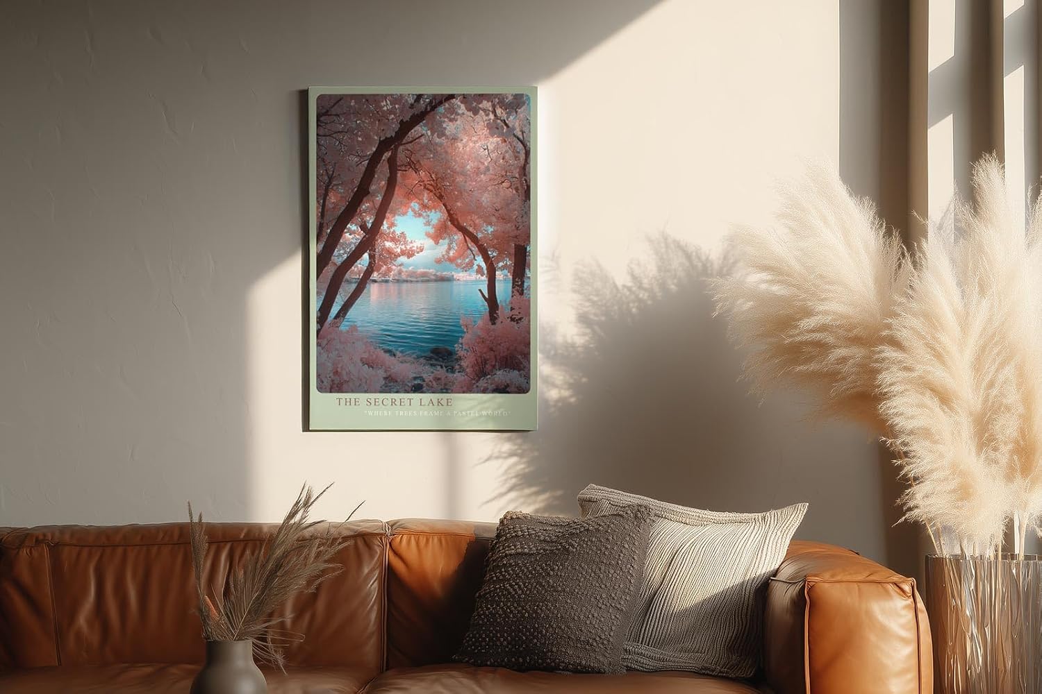 Paul Sinus Wandbild in 40x60cm The Secret Lake – Pastellfarbene Baumlandschaft am See mit romantischem Flair, verträumte Naturkulisse in sanften Tönen