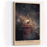 Paul Sinus Wandbild in 40x60cm Planet of Alignment – Künstlerische Darstellung eines Planeten mit goldenem Dreieck inmitten farbenprächtiger Galaxienlandschaft