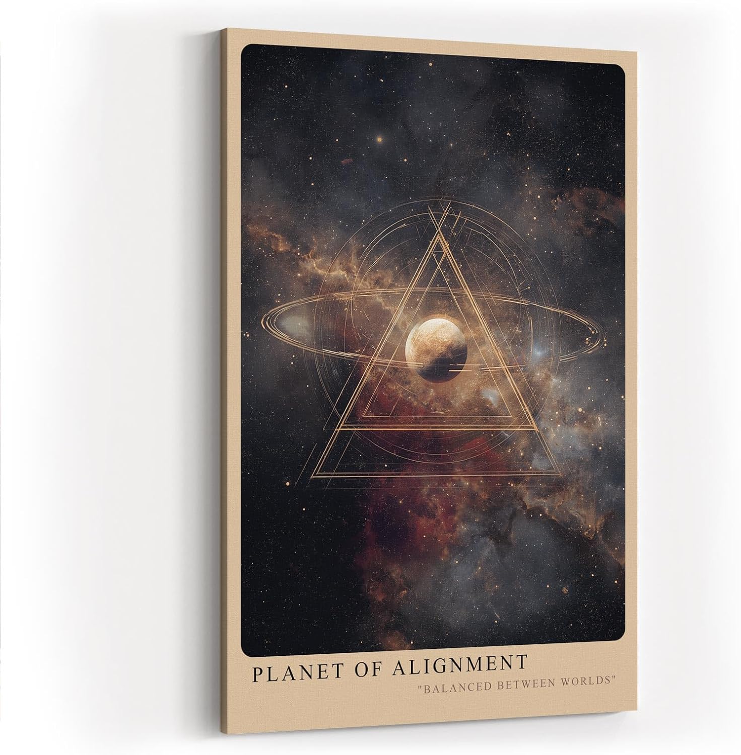 Paul Sinus Wandbild in 40x60cm Planet of Alignment – Künstlerische Darstellung eines Planeten mit goldenem Dreieck inmitten farbenprächtiger Galaxienlandschaft