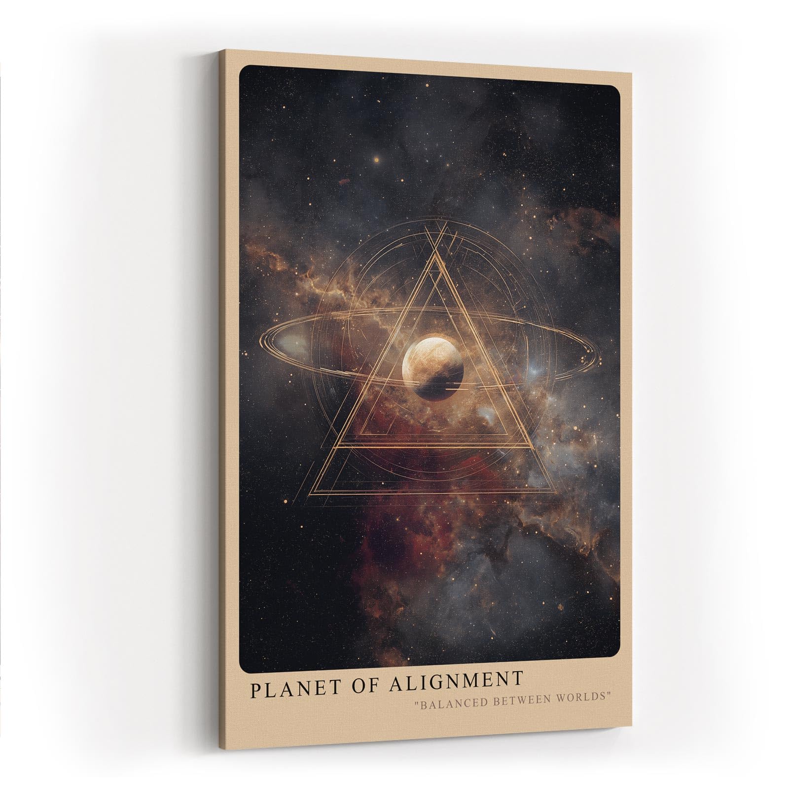 Paul Sinus Wandbild in 40x60cm Planet of Alignment – Künstlerische Darstellung eines Planeten mit goldenem Dreieck inmitten farbenprächtiger Galaxienlandschaft