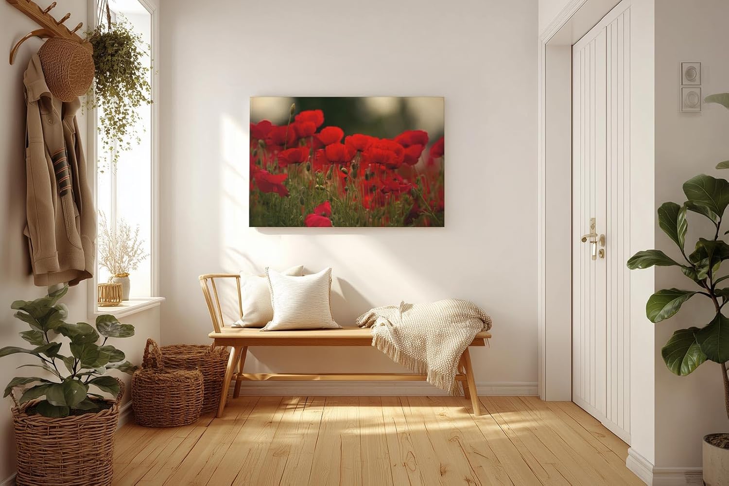 Sinus Art Wandbild 120x80cm Leuchtend rote Mohnblumen im weichen Licht – symbolstark, lebendig und zeitlos