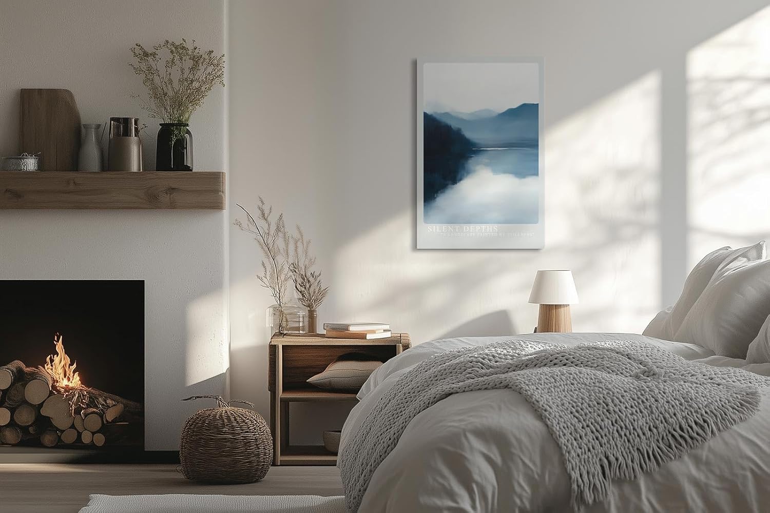 Paul Sinus Leinwandbild 80x120cm Stille Tiefen – Sanfte Berglandschaft mit nebliger Atmosphäre, ruhiger Wasserreflexion und meditativer Wirkung