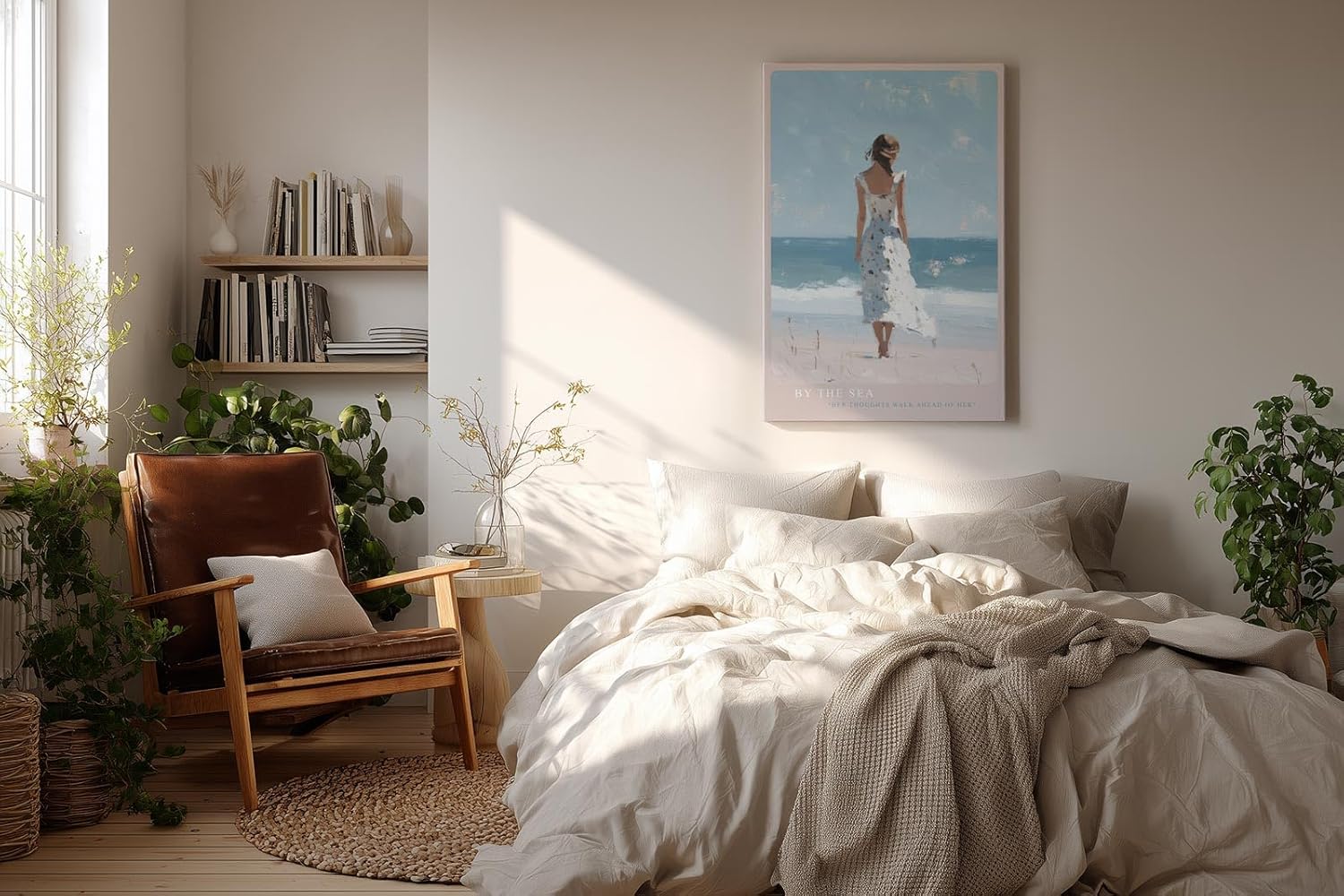 Paul Sinus Wandbild in 40x60cm Frau im weißen Sommerkleid am Strand – romantische Küstenkunst mit impressionistischem Charme für harmonische Wohnräume