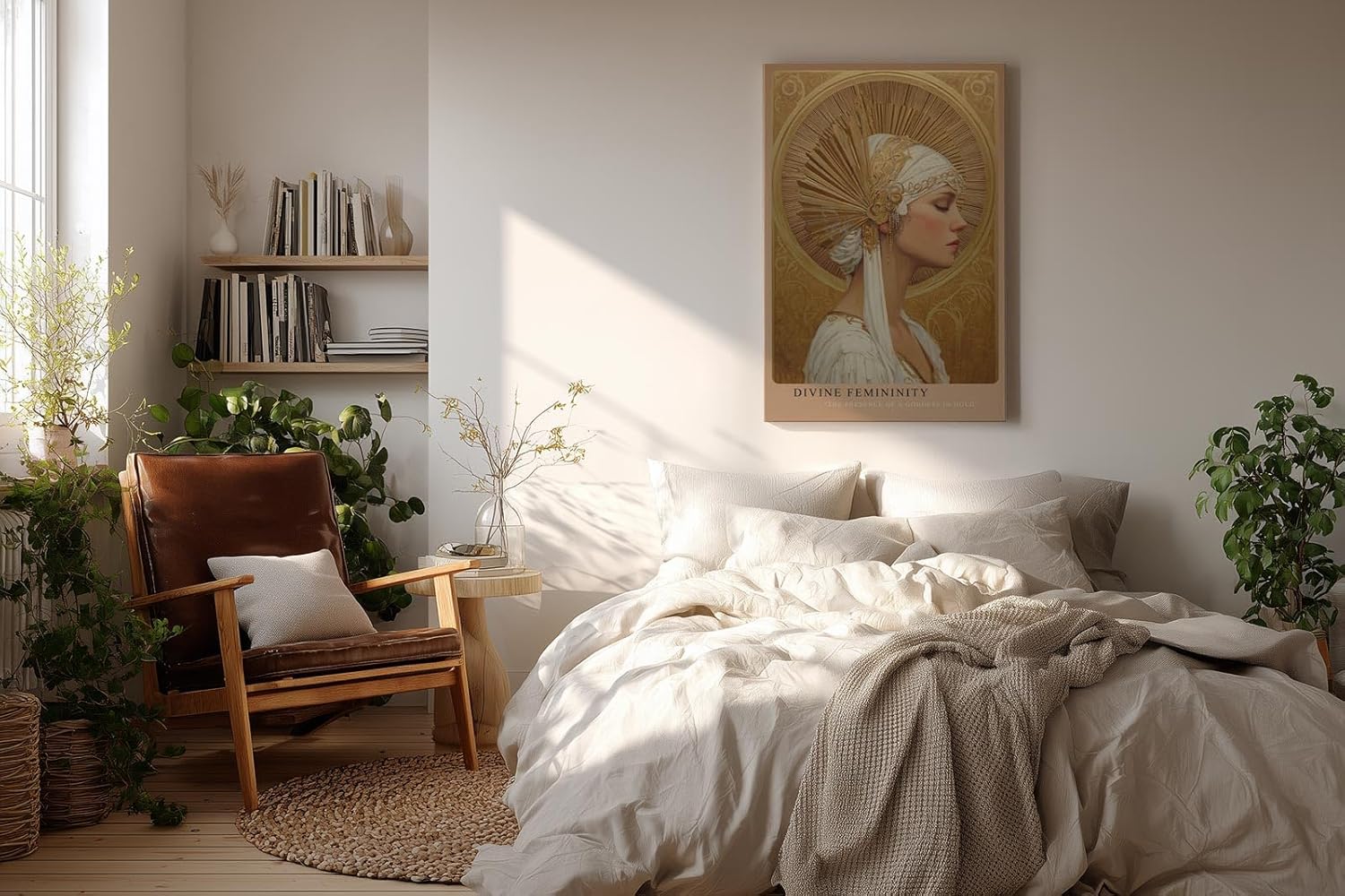Paul Sinus Wandbild in 40x60cm Divine Femininity elegantes Porträt einer Frau in weiß-goldener Kopfbedeckung vor goldener Strahlenkrone