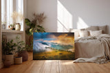 Sinus Art Wandbild 120x80cm Faszinierende Gebirgsszene im Nebel mit dramatischem Sonnenlicht für eindrucksvolle Raumwirkung