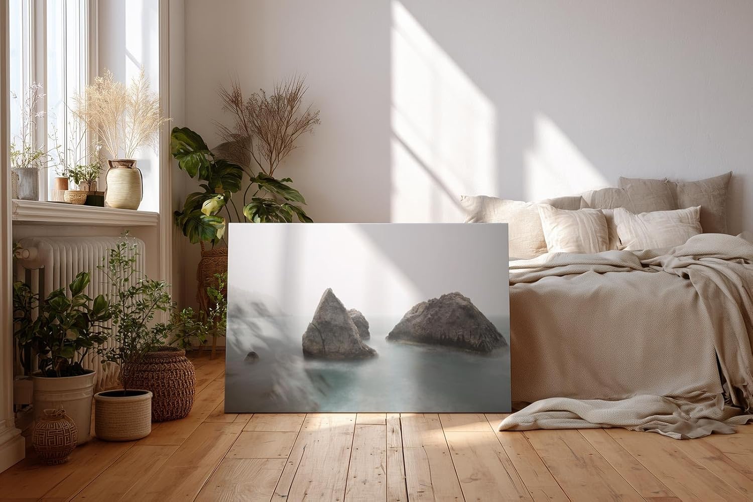 Sinus Art Wandbild 120x80cm Geheimnisvolle Küstenstimmung mit Felsformationen in nebelverhüllter See