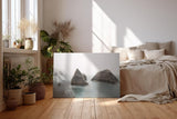 Sinus Art Wandbild 120x80cm Geheimnisvolle Küstenstimmung mit Felsformationen in nebelverhüllter See