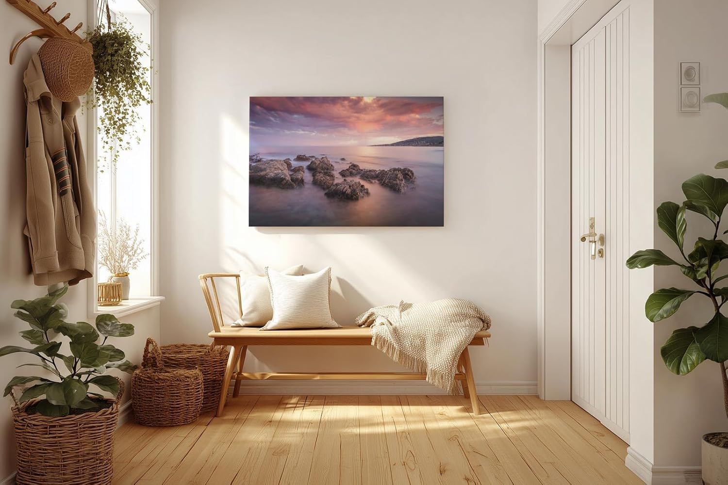Sinus Art Wandbild 120x80cm Sanfte Wellen, Felsen im Wasser und ein farbintensiver Abendhimmel schaffen Harmonie und Weite