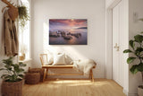 Sinus Art Wandbild 120x80cm Sanfte Wellen, Felsen im Wasser und ein farbintensiver Abendhimmel schaffen Harmonie und Weite