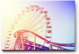Sinus Art Wandbild 120x80cm Farbenfrohes Riesenrad mit Achterbahn im Vordergrund für nostalgische Dynamik