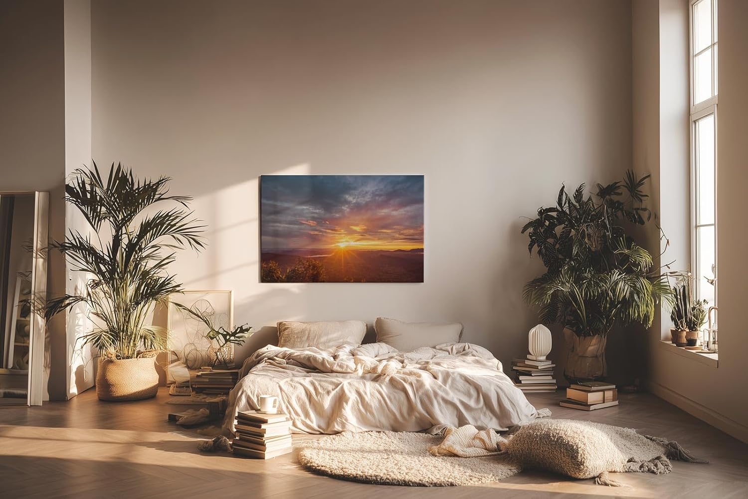 Sinus Art Wandbild 120x80cm Sonnenstrahlen brechen über eine weitläufige Hügellandschaft – beruhigend und lichtvoll