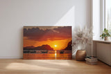 Sinus Art Wandbild 120x80cm Stimmungsvolles Sonnenuntergangs-Motiv mit Fischerbooten vor Inselkulisse