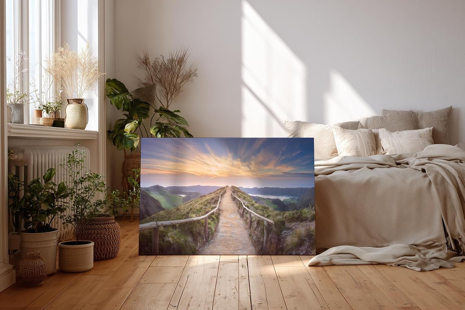 Sinus Art Wandbild 120x80cm Panoramaweg mit Geländer auf Höhenzug im goldenen Abendlicht für weite Raumwirkung