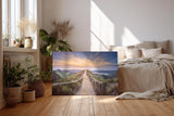 Sinus Art Wandbild 120x80cm Panoramaweg mit Geländer auf Höhenzug im goldenen Abendlicht für weite Raumwirkung