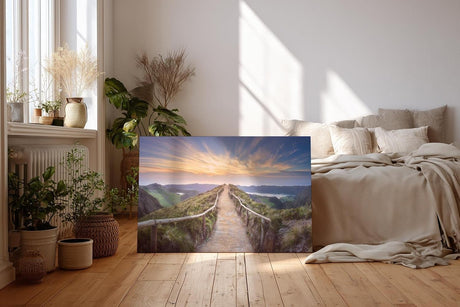 Sinus Art Wandbild 120x80cm Panoramaweg mit Geländer auf Höhenzug im goldenen Abendlicht für weite Raumwirkung
