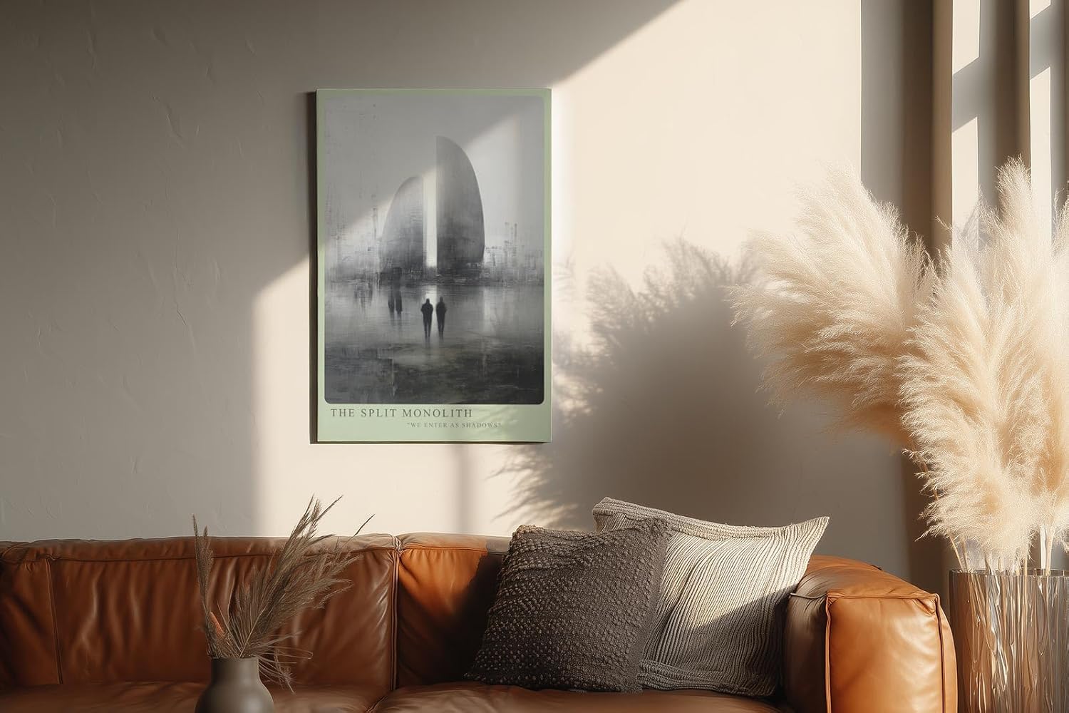 Paul Sinus Wandbild in 40x60cm The Split Monolith Zwei monumentale, geteilte Bauwerke in nebliger Stadtlandschaft mit Figuren im Vordergrund