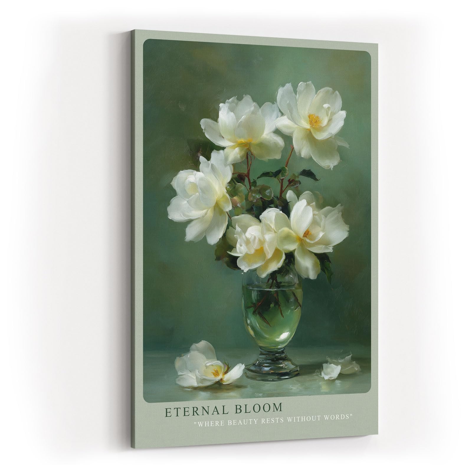 Paul Sinus Wandbild in 40x60cm Eternal Bloom elegantes Stillleben mit weißen Blüten in Glasvase auf grünem Hintergrund