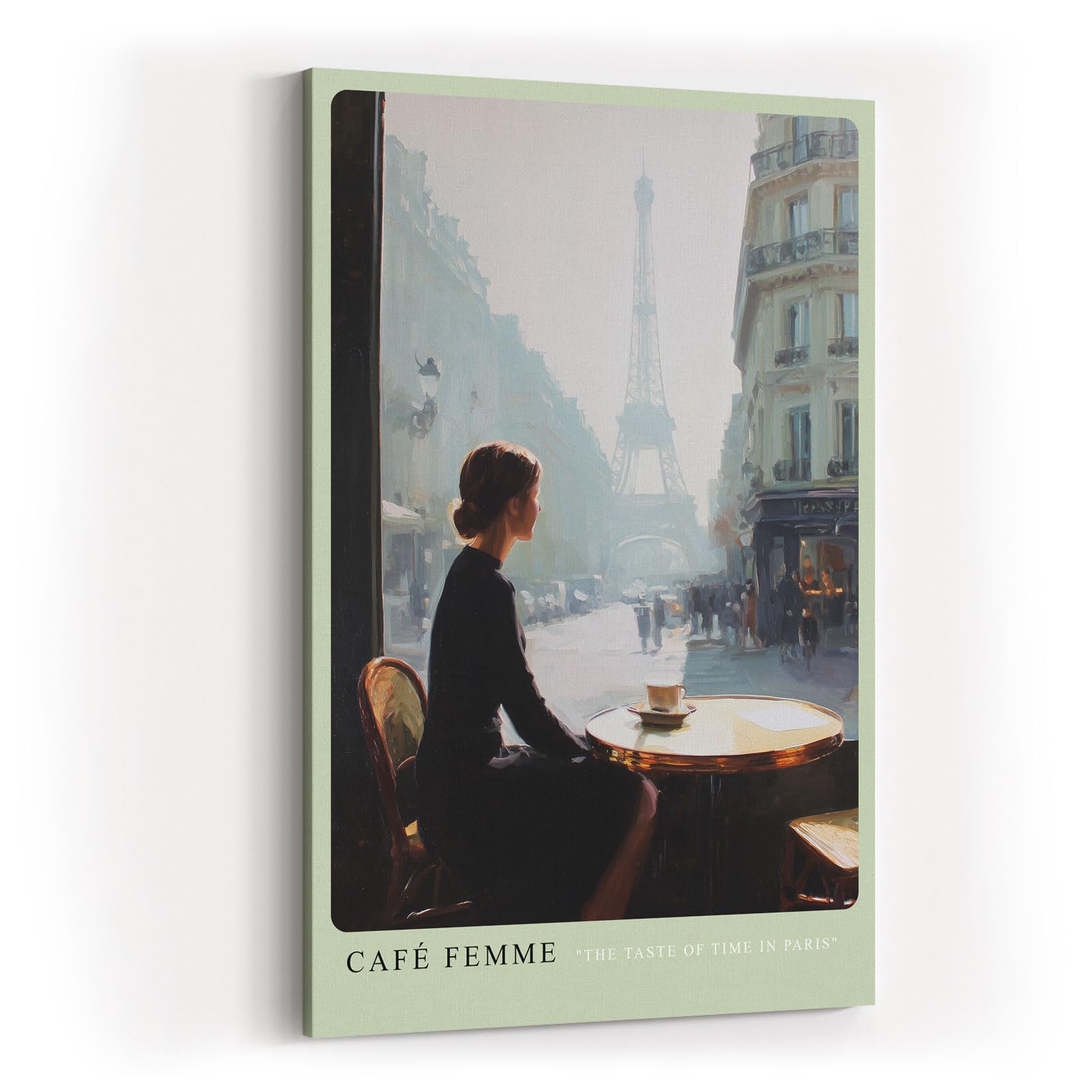 Paul Sinus Wandbild in 40x60cm Café Femme – Romantische Szene einer Frau in einem Pariser Café mit Blick auf den Eiffelturm, moderne Bilder in sanften, stimmungsvollen Farbtönen
