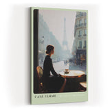 Paul Sinus Wandbild in 40x60cm Café Femme – Romantische Szene einer Frau in einem Pariser Café mit Blick auf den Eiffelturm, moderne Bilder in sanften, stimmungsvollen Farbtönen