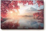 Sinus Art Wandbild 120x80cm Blick auf schneebedeckten Fuji hinter rosa Blüten über stillem Wasser