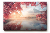 Sinus Art Wandbild 120x80cm Blick auf schneebedeckten Fuji hinter rosa Blüten über stillem Wasser