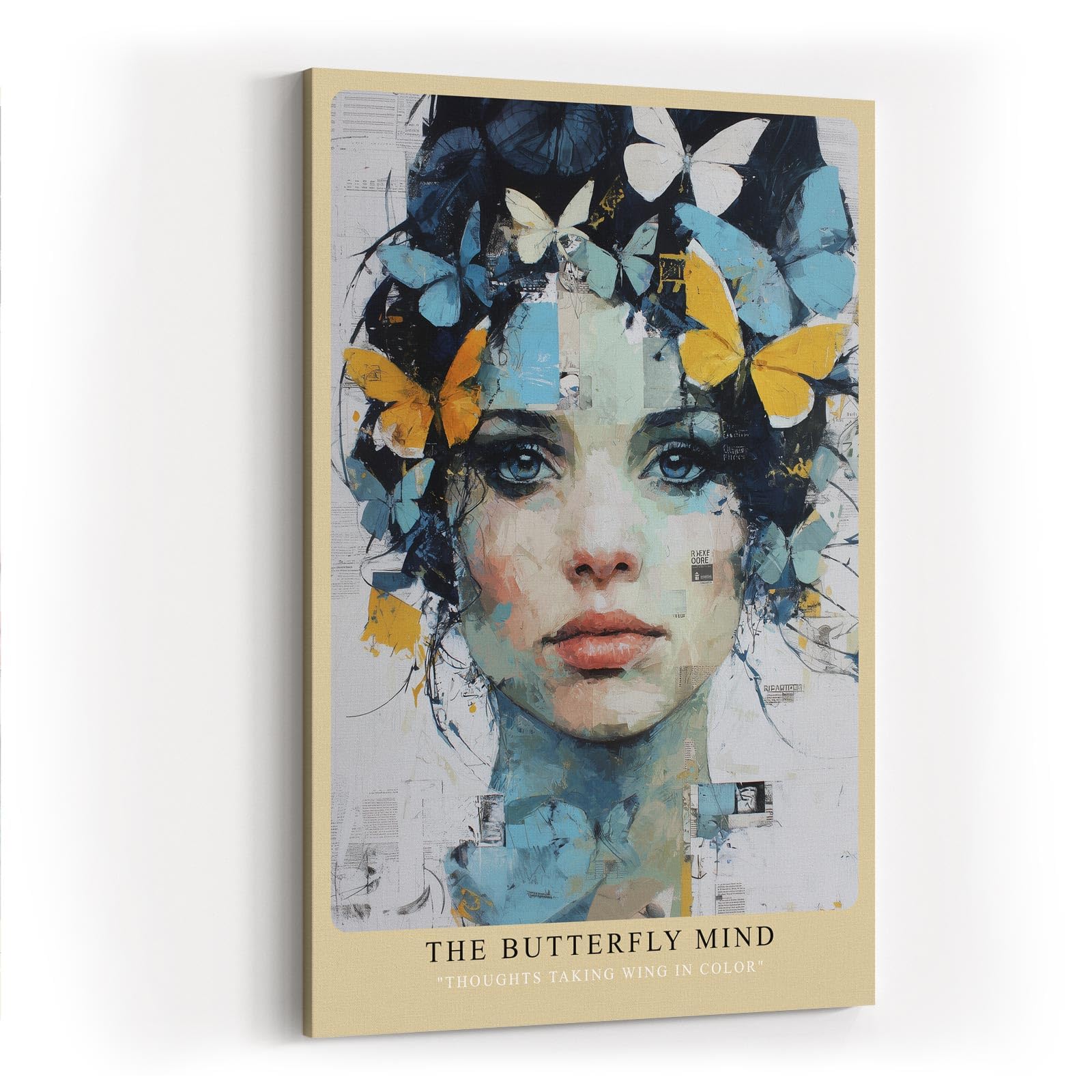Paul Sinus Wandbild in 40x60cm The Butterfly Mind – farbintensives Porträt einer Frau mit Schmetterlingen im Haar in moderner Kunstoptik