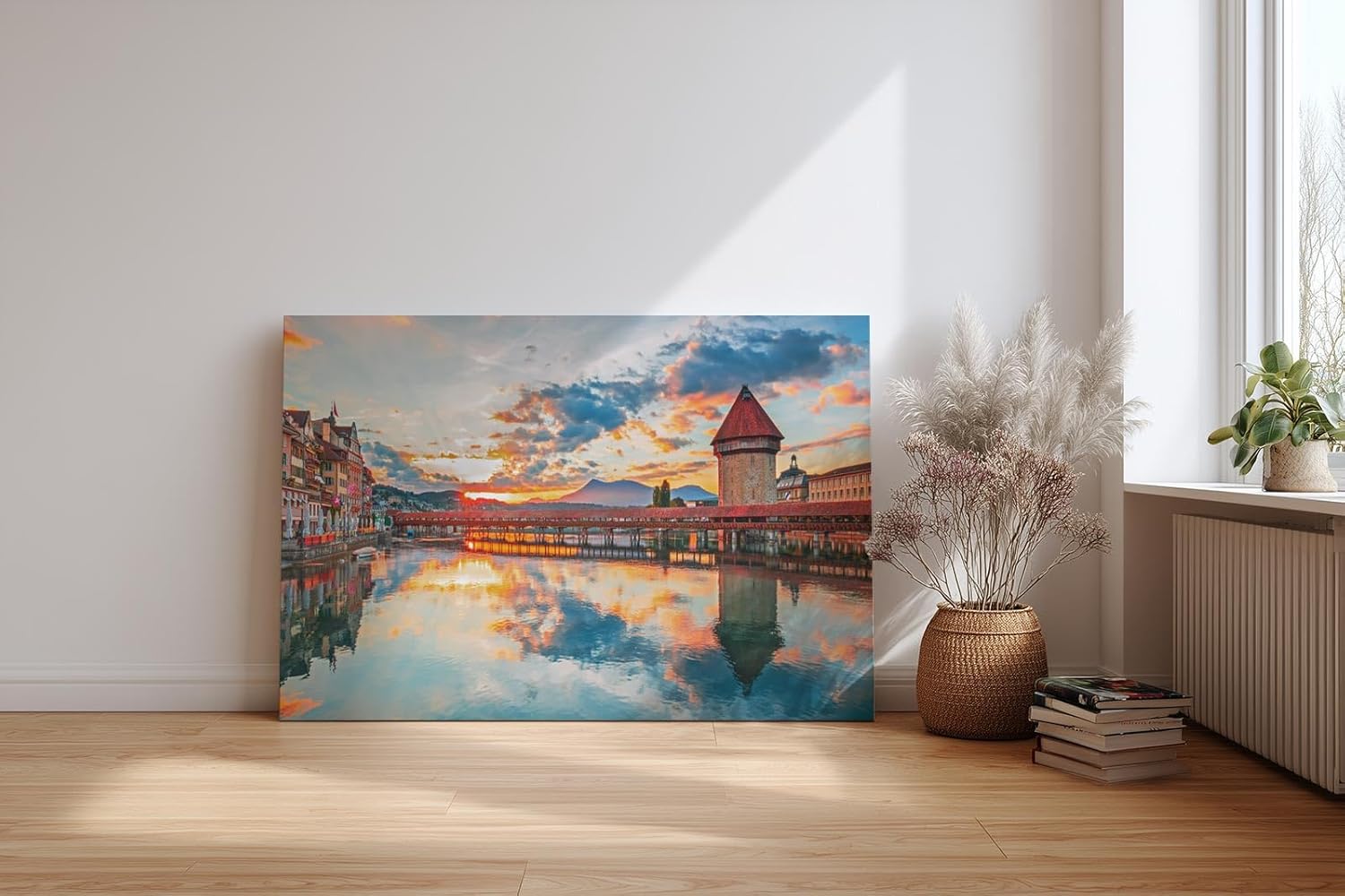 Sinus Art Wandbild 120x80cm Kapellbrücke und Wasserturm im Sonnenuntergang mit Spiegelung für atmosphärische Raumwirkung