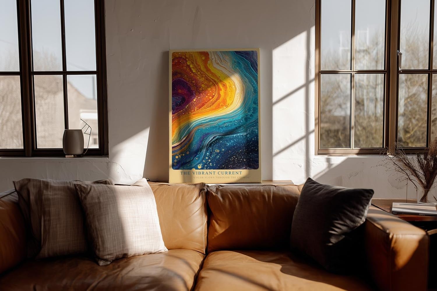 Paul Sinus Wandbild in 40x60cm The Vibrant Current – Abstrakte Farbströme in leuchtendem Blau, Orange und Gelb, inspiriert von kosmischen Bewegungen und kreativer Energie