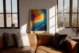 Paul Sinus Wandbild in 40x60cm The Vibrant Current – Abstrakte Farbströme in leuchtendem Blau, Orange und Gelb, inspiriert von kosmischen Bewegungen und kreativer Energie