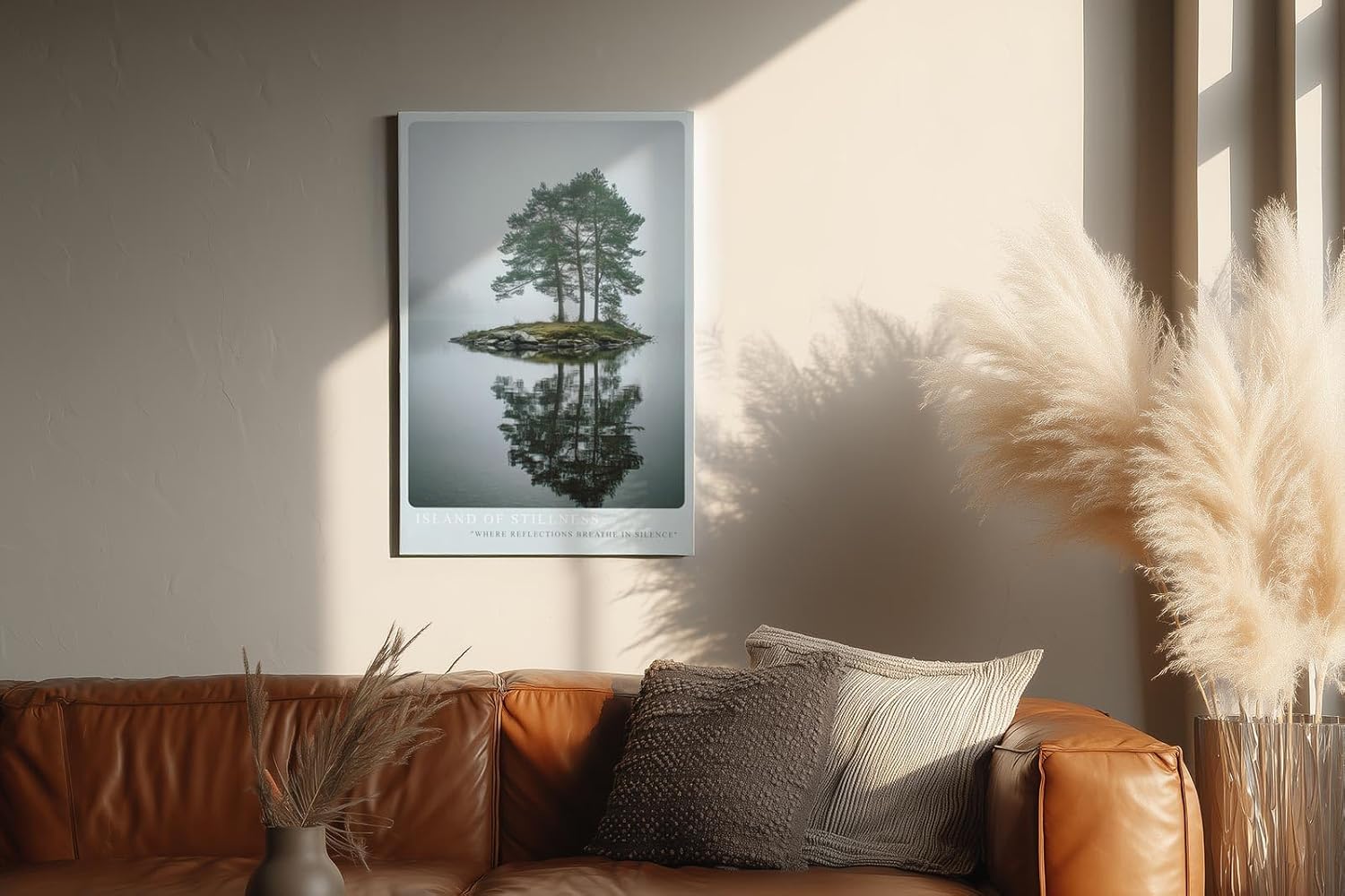 Paul Sinus Wandbild in 40x60cm Island of Stillness – Nebelige Seeinsel mit Baumgruppe, ruhiges Naturmotiv in sanften Grautönen und Spiegelung im Wasser